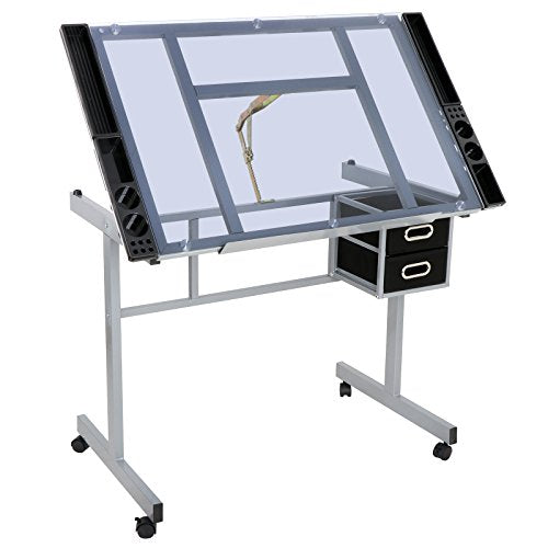 ZenStyle Glass Top Drafting Table with Storage, Adjustable Multifunctional Drafting Drawing Table Desk Tempered Glass Top Art Craft w/Drawers,