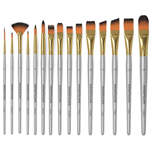 MyArtscape Paint Brush - Set of 15 Art Brushes for Watercolor, Acrylic & Oil Painting - Short Handles - WoodArtSupply