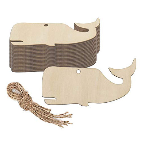 JANOU 20pcs Whale Shaped Wood Cutouts DIY Craft Unfinished Wooden Gift Tags with Ropes DIY Projects Embellishments Ornaments Decoration, 3.94x2 Inch JANOU