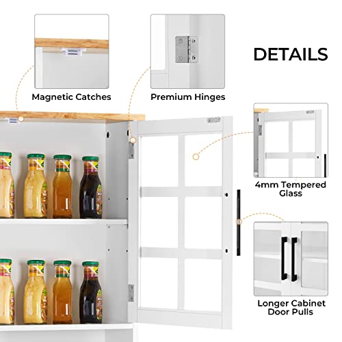 Yaheetech Kitchen Pantry Storage Cabinet with Hutch, 72'' Freestanding Buffet Cupboard with Large Countertop & Glass Doors & Adjustable Shelves, - WoodArtSupply