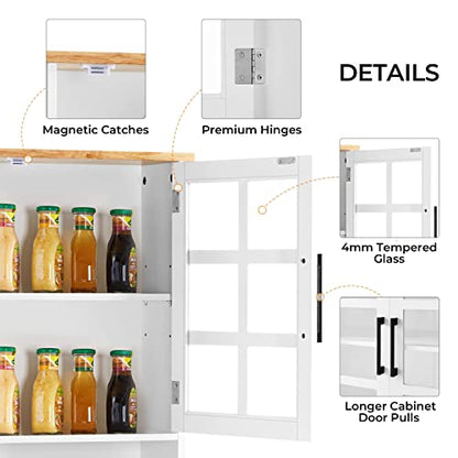 Yaheetech Kitchen Pantry Storage Cabinet with Hutch, 72'' Freestanding Buffet Cupboard with Large Countertop & Glass Doors & Adjustable Shelves, - WoodArtSupply