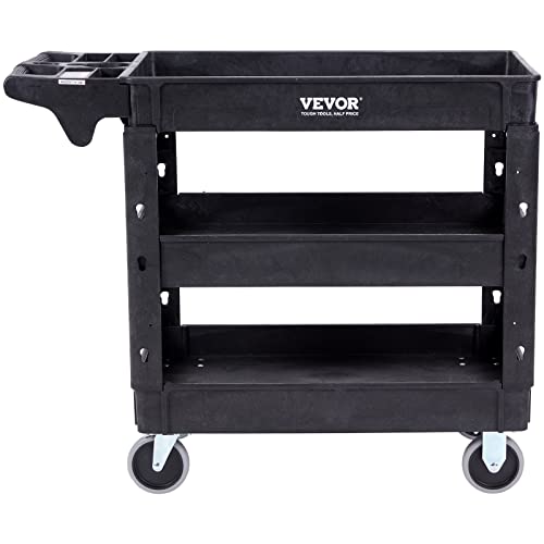 VEVOR Utility Service Cart, 3 Shelf 550LBS Heavy Duty Plastic Rolling Utility Cart with 360° Swivel Wheels (2 with Brakes), Medium Lipped Shelf, VEVOR