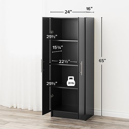 Prepac Elite 24" Storage Cabinet, Black Storage Cabinet, Bathroom Cabinet, Pantry Cabinet with 3 Shelves 16" D x 24" W x 65" H, BES-2464