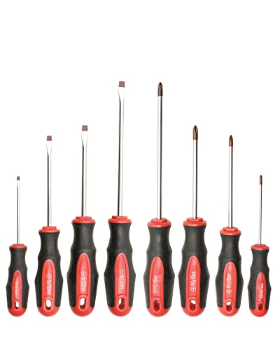 ROTATION 8-Piece Magnetic Screwdrivers Set with red tip, 4 Phillips and 4 Slotted Tips, Professional Cushion Grip Screwdriver Set with High Torque - WoodArtSupply