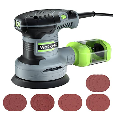 WORKPRO 5-Inch Random Orbit Sander, 6 Variable Speeds 7000 to 14000 RPM, 2.5 Amp Electric Sander for Woodworking with Dust Collector, 15pcs WORKPRO