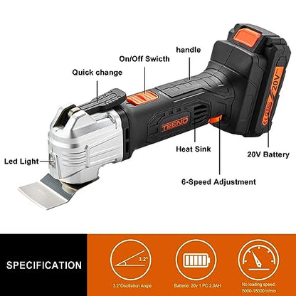 TEENO Oscillating Tool, Cordless Oscillating Multi-Tool with 20V 2Ah Lithium-Ion, 5000-18000 OPM, 6 Variable Speed, 3.2° Oscillation Angle, for - WoodArtSupply