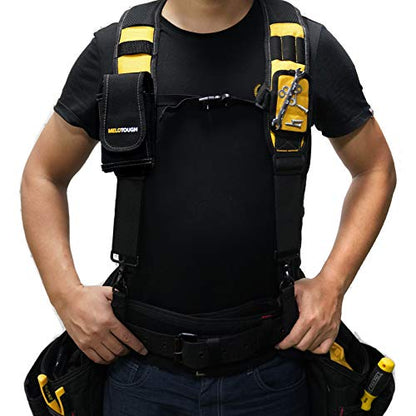 MELOTOUGH Magnetic Suspenders Tool Belt Suspenders with Large Moveable Phone Holder, Pencil Holder, Adjustable Size Padded Suspenders (Yellow) - WoodArtSupply