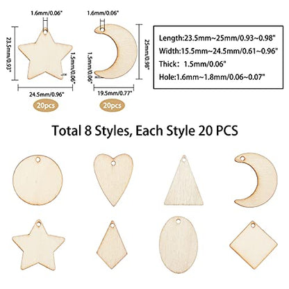 PH PandaHall 160pcs 8 Styles Undyed Wood Pendants Small Natural Star Moon Shapes for Earring Necklace Jewelry DIY Craft Making Tree Ornaments Hanging