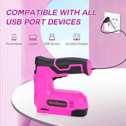 10pcs Electric Staple Gun, 2 in 1 Pink Cordless Stapler Nail Gun Set with 2500pcs Staples Nails, 4V Power Tacker for Upholstery, Wood, Carpentry,