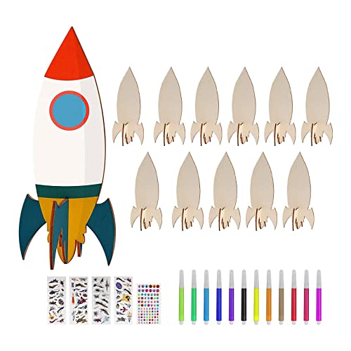 Aosekaa 12x Unfinished Wooden Cutouts Unpainted Wooden Paint Crafts Wood Pieces Rockets Wood Shapes for Outer Space, Painting, DIY, Drawing Signs Aosekaa
