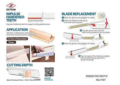 Z-saw DOZUKI FINE P1.0 (240mm) Japanese Pull Saw, Dovetail, Tenon, for Woodworking - WoodArtSupply