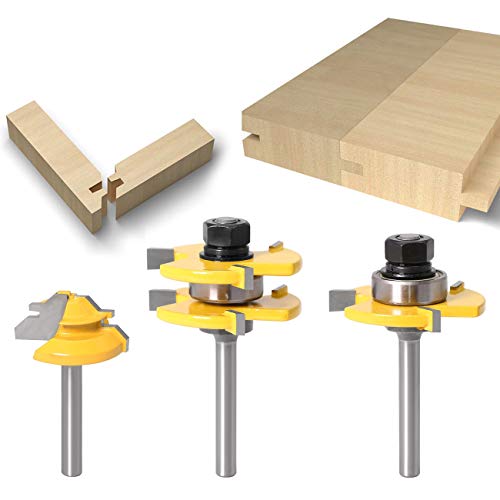 WICHEMI 1/4 Shank Tongue and Groove Router Bits+ 1/4 Shank 45° Lock Miter Router Bit, Wood Milling Cutter Woodworking Grooving Tool Kit for Router