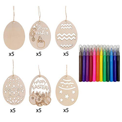 Anditoy 30 PCS Easter Wooden Hanging Ornaments Unfinished Wood Slices Eggs Easter Crafts for Kids DIY Easter Decorations Party Supplies Decor
