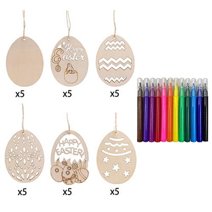 Anditoy 30 PCS Easter Wooden Hanging Ornaments Unfinished Wood Slices Eggs Easter Crafts for Kids DIY Easter Decorations Party Supplies Decor - WoodArtSupply