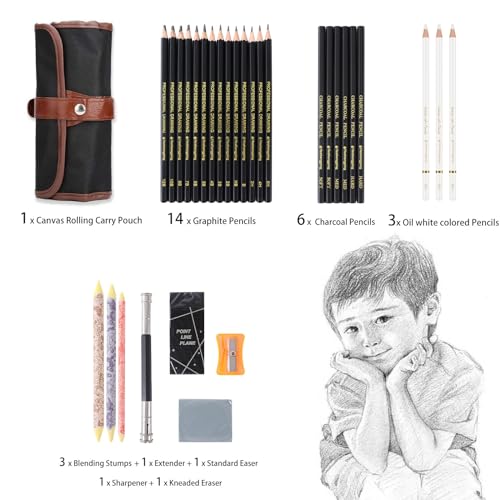 Heshengping 31 Drawing Sketching Pencils Kit, Portable Artist Supples Travel Case Set has Graphite, Charcoal, white color pencil, Blending Stump, Heshengping