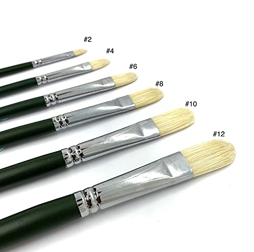 XDT#6385 Filbert Artist Paint Brush 6 Piece Set Medium Stiff Hog Bristle Extra Long Handle #2#4#6#8#10#12, Acrylic Oil Watercolor - WoodArtSupply