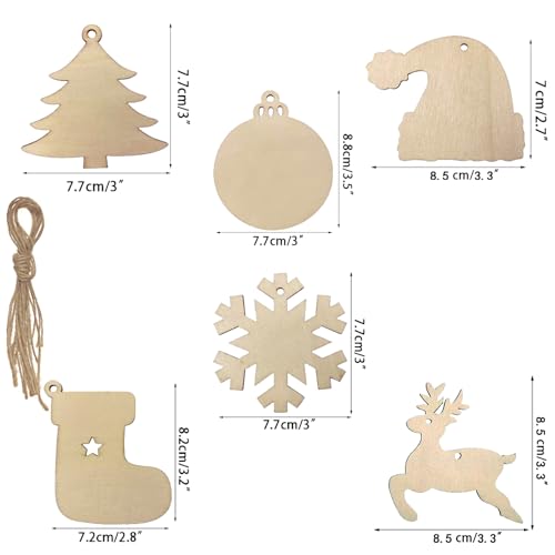 30PCS Wooden Christmas Ornaments Unfinished Christmas Wooden Hanging Decorations Pre-drilled Natural Wood to Paint DIY Arts and Crafts Christmas