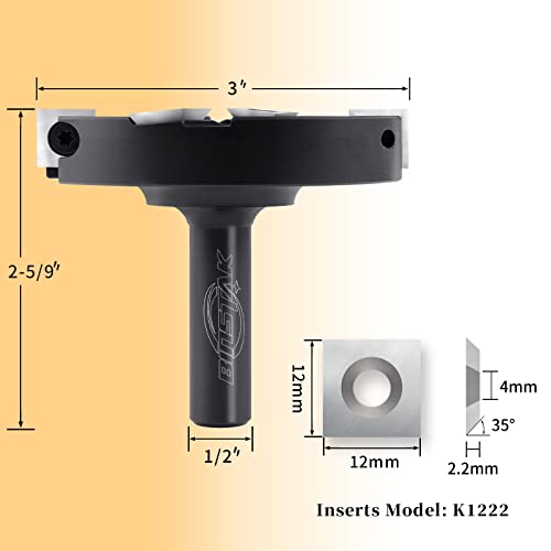 BINSTAK CNC Spoilboard Surfacing Router Bit,1/2 Inch Shank 3 Inch Cutting Diameter, 2+2 Carbide Inserts Slab Flattening Router Bit Planer Bit for BINSTAK