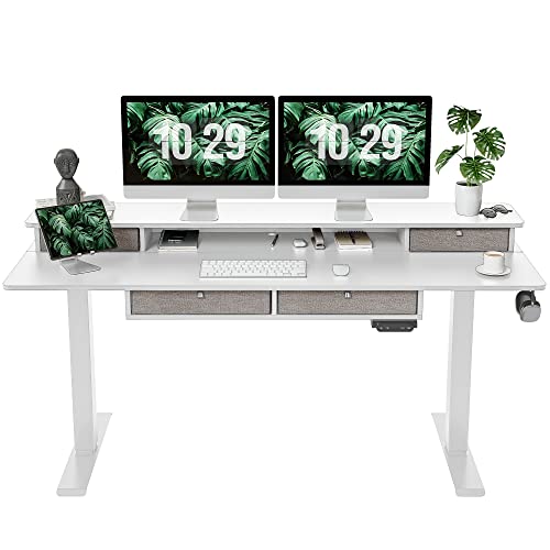 FEZIBO Sturdy Height Adjustable Electric Standing Desk with Drawers, 55 x 24 Inch Stand Up Table with Large Storage Shelf, Sit Stand Desk, White Top - WoodArtSupply