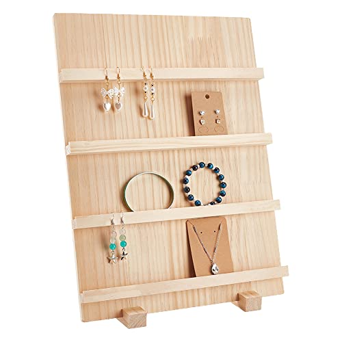 PH PandaHall 4-Tier Wooden Earring Display Stand, Retail Jewelry Display Riser Removable Showcase with Slots Rustic Earring Display Card Holder for
