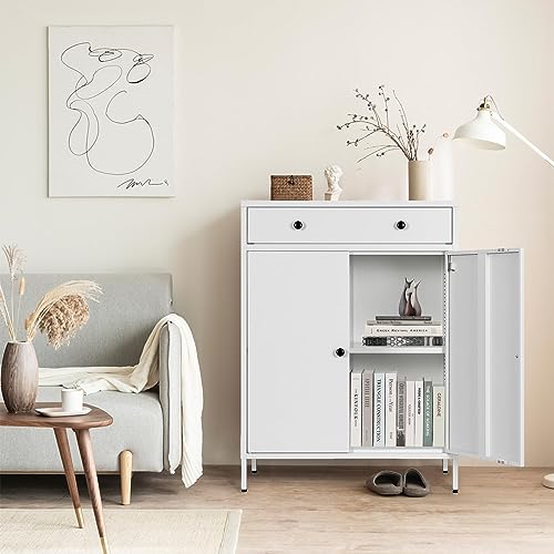 BESFUR Sideboard Buffet Cabinet, Accent Cabinet with Drawer, 39.3“H x 27.5”W x 15.7“D Metal Buffets & Sideboards for Living Room, Hallway - White BESFUR