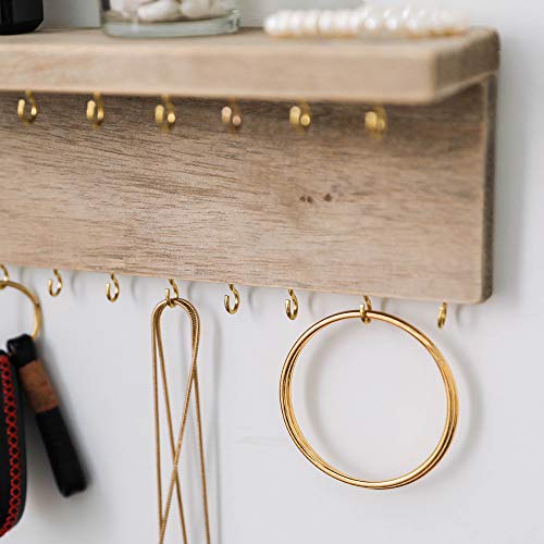 BYHER Wall Mounted Jewelry Organizer with 24 Hooks - Rustic Wood Shelf Jewelry Display - Storage for Necklaces, Bracelets, Earrings, Bows (24 Hooks) BYHER