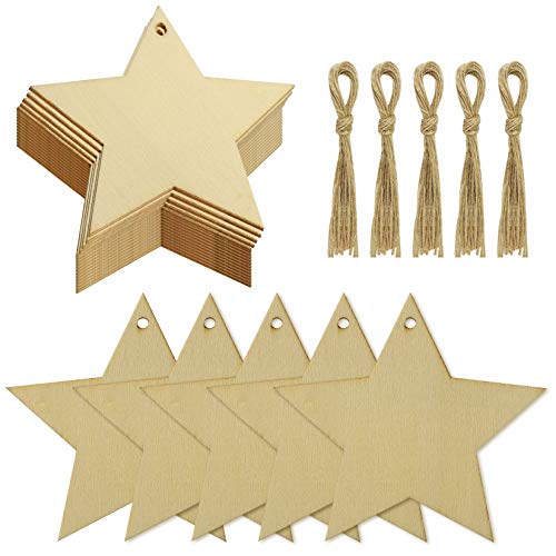 obmwang 50 Pieces Natural Wooden Star Cutouts Unfinished Predrilled Wooden Star Embellishments with Natural Twine for Christmas, DIY Craft, Party