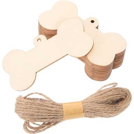Cabilock Bone Shaped Wooden Cutouts, Mini Dog Bone 24pcs DIY Dog Bone Ornament Dog House Door Signs Unfinished Wood Hanging Bone with Jute Twine Cabilock