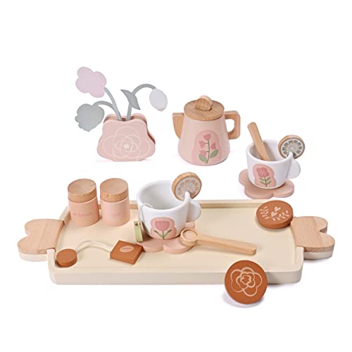 MONT PLEASANT Wooden Tea Set for Little Girls, Wooden Toys, Toddler Tea Set Toy, Play Kitchen Accessories Set, Montessori Toys, Kids Play Kitchen - WoodArtSupply