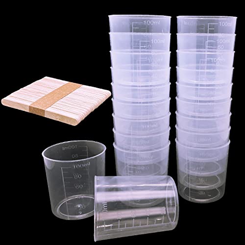 24 Pcs Clear Scale Cups, 100ml/3.4oz Plastic Graduated Cups with 50 Pcs Wooden Stirring Sticks for Epoxy, Resin, Stain, Mixing Paint