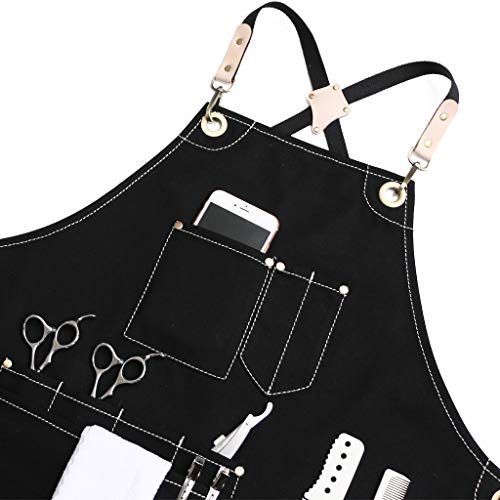 Jeanerlor Work Apron Waxed Canvas Stylist Apron with Pockets Water-Resistant Tool Aprons for Women Cross Back Straps Adjustable S-M（Black） Jeanerlor