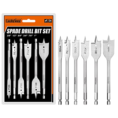 Luckyway 6-Piece 3/8 Inch to 1 Inch Spade Drill Bits Set for Wood, Plastic, Aluminum Hole Cutting Luckyway