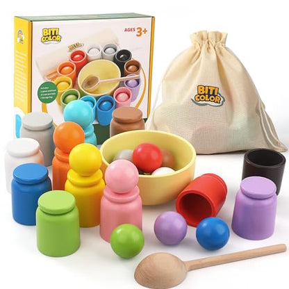 Ball in Cup Montessori Toy Wooden Rainbow Color Sorting Toy for Toddlers Preschool Color Matching Toy - 12 Ball 40mm