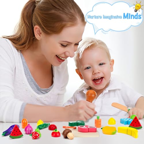 Wooden Play Food Sets for Kids Kitchen Cutting Fruits Vegetables and Meat Pretend Play Toddler Toys Food Montessori Toys Gift for Boys and Girls GOPLACS