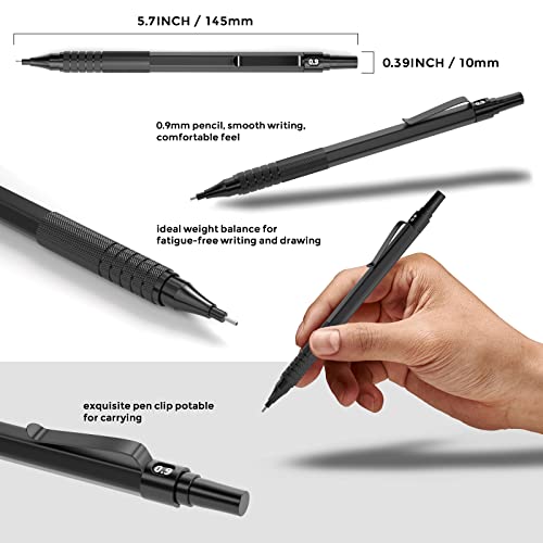 Nicpro Metal 0.9 mm Mechanical Pencils Set with Case, 3PCS Black 0.9mm Drafting Pencil, 6 Tubes HB Lead Refills, 3PCS Erasers, Erasers Refills for Nicpro