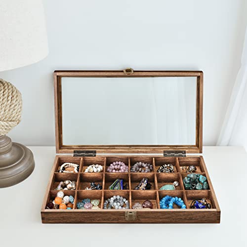 MOOCA Wooden Display Storage Case with Tempered Glass Lid for Jewelry and Beads with 18 Compartments Tray, 15 W x 8 3/8 L x 2 1/8 H in, Brown Color MOOCA