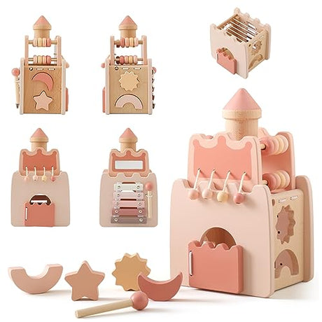 Wooden Baby Activity Cube for Toddlers 1-3,5 in 1 Castle Shape Sorter Bead Maze Montessori Toys for Baby 6 Months+, Educational Learning Toy for Kids Wooden Teether