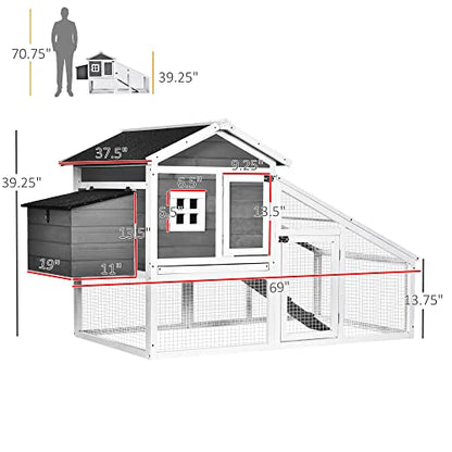 PawHut 69" Chicken Coop Wooden Chicken House, Rabbit Hutch Pen, Outdoor Backyard Poultry Hen Cage with Run with Nesting Box, Removable Tray, Asphalt