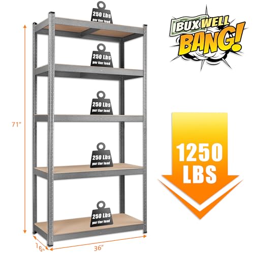 BuxWellBang 36" W x 16" D x 71" H Storage Shelves - 5 Tier Adjustable Garage Shelving Unit, Metal Standing Shelf Utility Rack Organization for BuxWellBang