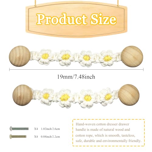 2 PCS Bohemian Style Braided Flower Rope Wooden Pulls Door Cute Flower Handle Woven Rope Decorative Dresser Knobs Kitchen Cabinet Wardrobe Cupboard YYMSEN