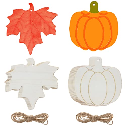 30 Pieces Wood Pumpkin Shaped Cutouts Wood Maple Leaf Unfinished Blank Wooden Crafts Hanging Gift Tags Ornaments with Hole Hemp Ropes for Fall