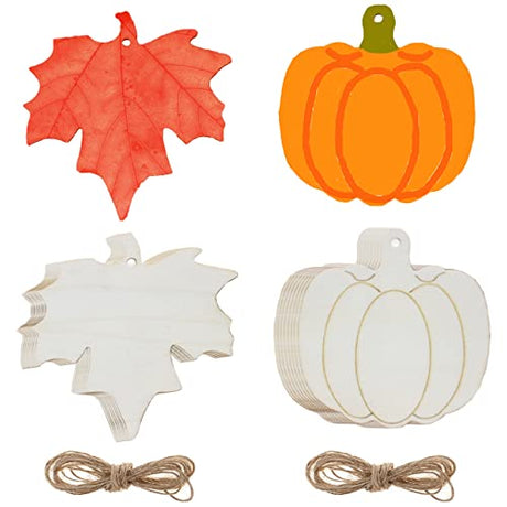 30 Pieces Wood Pumpkin Shaped Cutouts Wood Maple Leaf Unfinished Blank Wooden Crafts Hanging Gift Tags Ornaments with Hole Hemp Ropes for Fall LOKESI