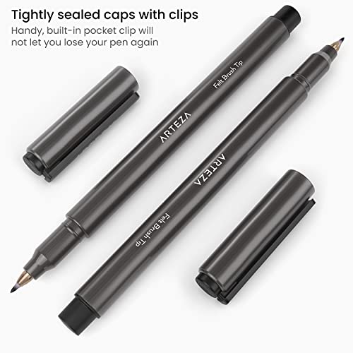 ARTEZA Felt-Tip Brush Pens, Set of 12 Nontoxic Black Marker Pens, Quick-Dry and Smear-Proof, Art Supplies for Sketching, Lettering, and Calligraphy ARTEZA