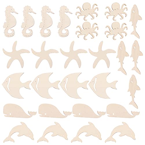 ARTIBETTER 28Pcs Unfinished Wood Cutouts Ocean Animals Wooden Paint Crafts for Kids Home Decor Ornament DIY Craft Art Project Octopus Shark Whale ARTIBETTER