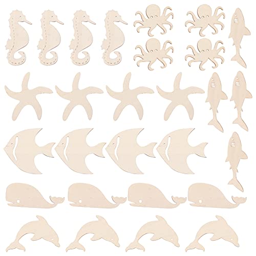 ARTIBETTER 28Pcs Unfinished Wood Cutouts Ocean Animals Wooden Paint Crafts for Kids Home Decor Ornament DIY Craft Art Project Octopus Shark Whale - WoodArtSupply