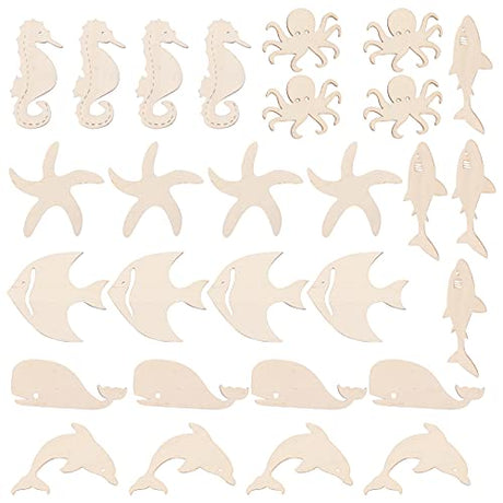 ARTIBETTER 28Pcs Unfinished Wood Cutouts Ocean Animals Wooden Paint Crafts for Kids Home Decor Ornament DIY Craft Art Project Octopus Shark Whale ARTIBETTER