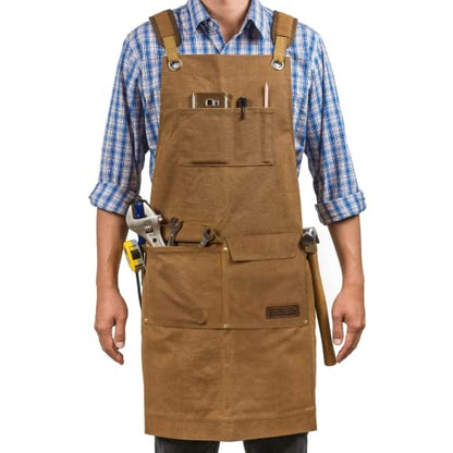 Woodworking Shop Aprons for Men and Women | 16 oz Durable Waxed Canvas Work Apron with Pockets | Cross-Back Straps | Adjustable Tool Apron Up To XXL