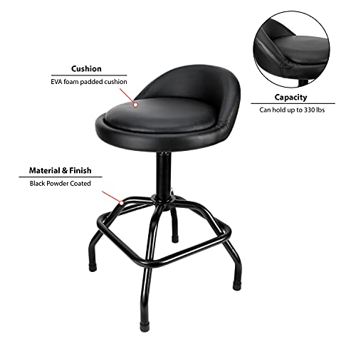 Performance Tool W85011 Adjustable Height Bar Stool, Pneumatic Swivel Bar Stool with Back Support, 360 Degree Swivel, Heavy Duty Steel Frame Stool - WoodArtSupply