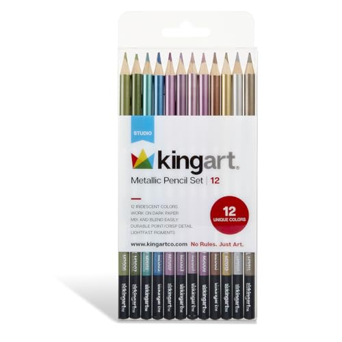 KINGART 335-12 Metallic 12 Ct. Colored Pencil Set, 12 Shiny Colors for Light & Dark Surfaces, Pre-Sharpened, Durable for Sketching & Drawing, - WoodArtSupply