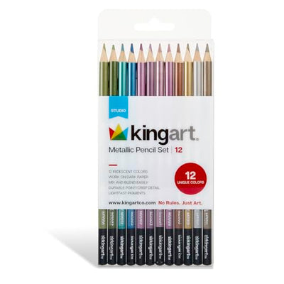 KINGART 335-12 Metallic 12 Ct. Colored Pencil Set, 12 Shiny Colors for Light & Dark Surfaces, Pre-Sharpened, Durable for Sketching & Drawing,